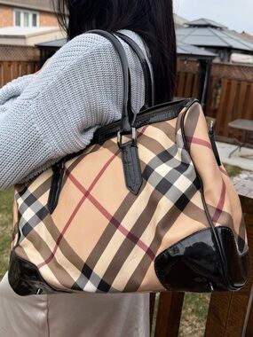 Burberry Beige Plaid Tote with Black Patent Trim